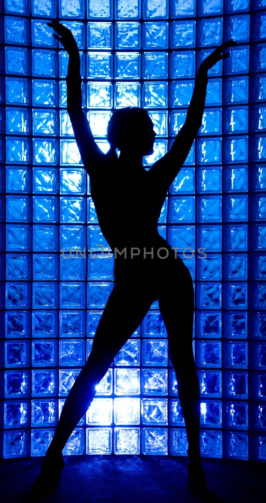 Sexy Silhouette female on a blue glass wall