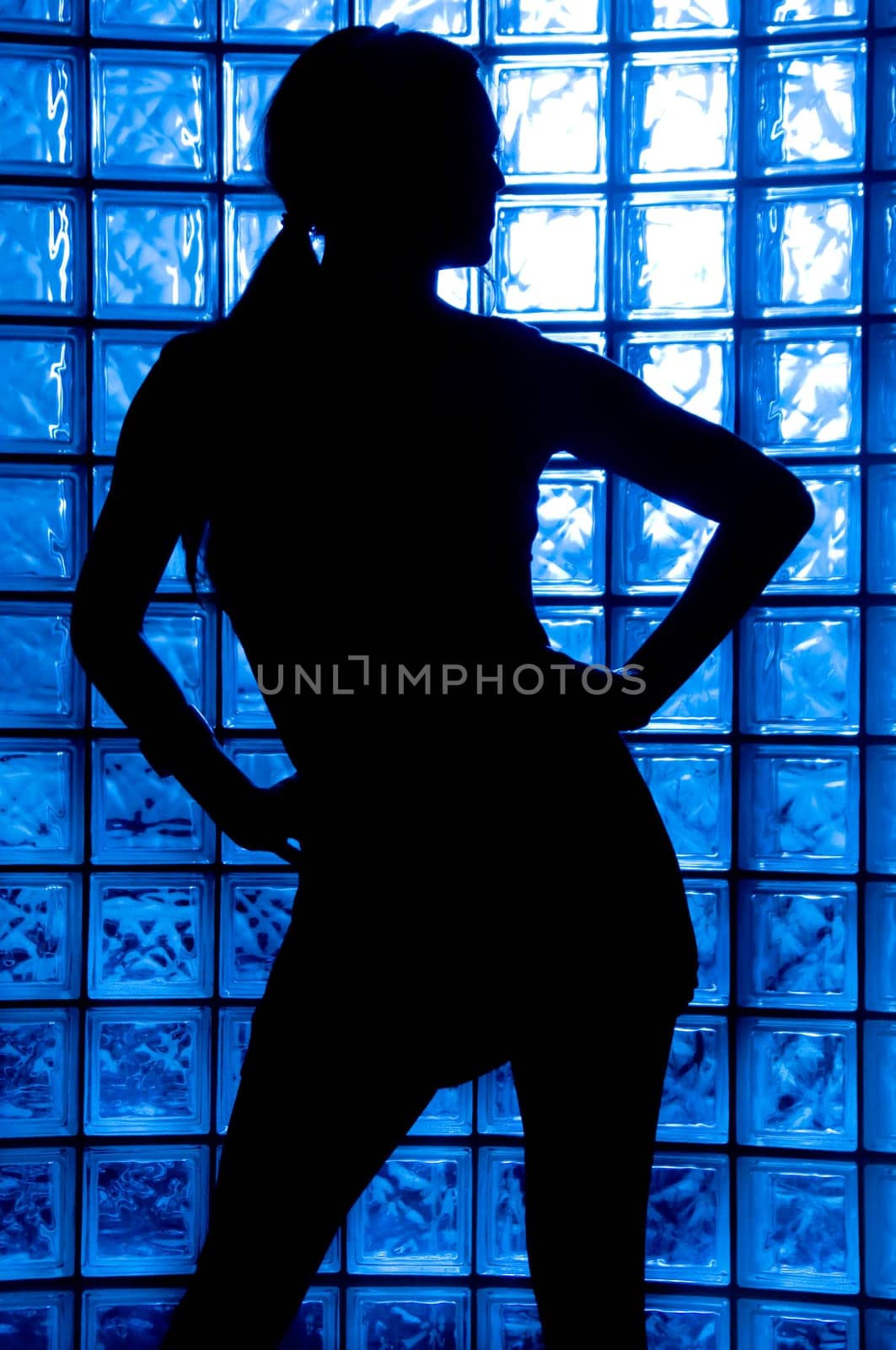 Sexy Silhouette female on a blue glass wall