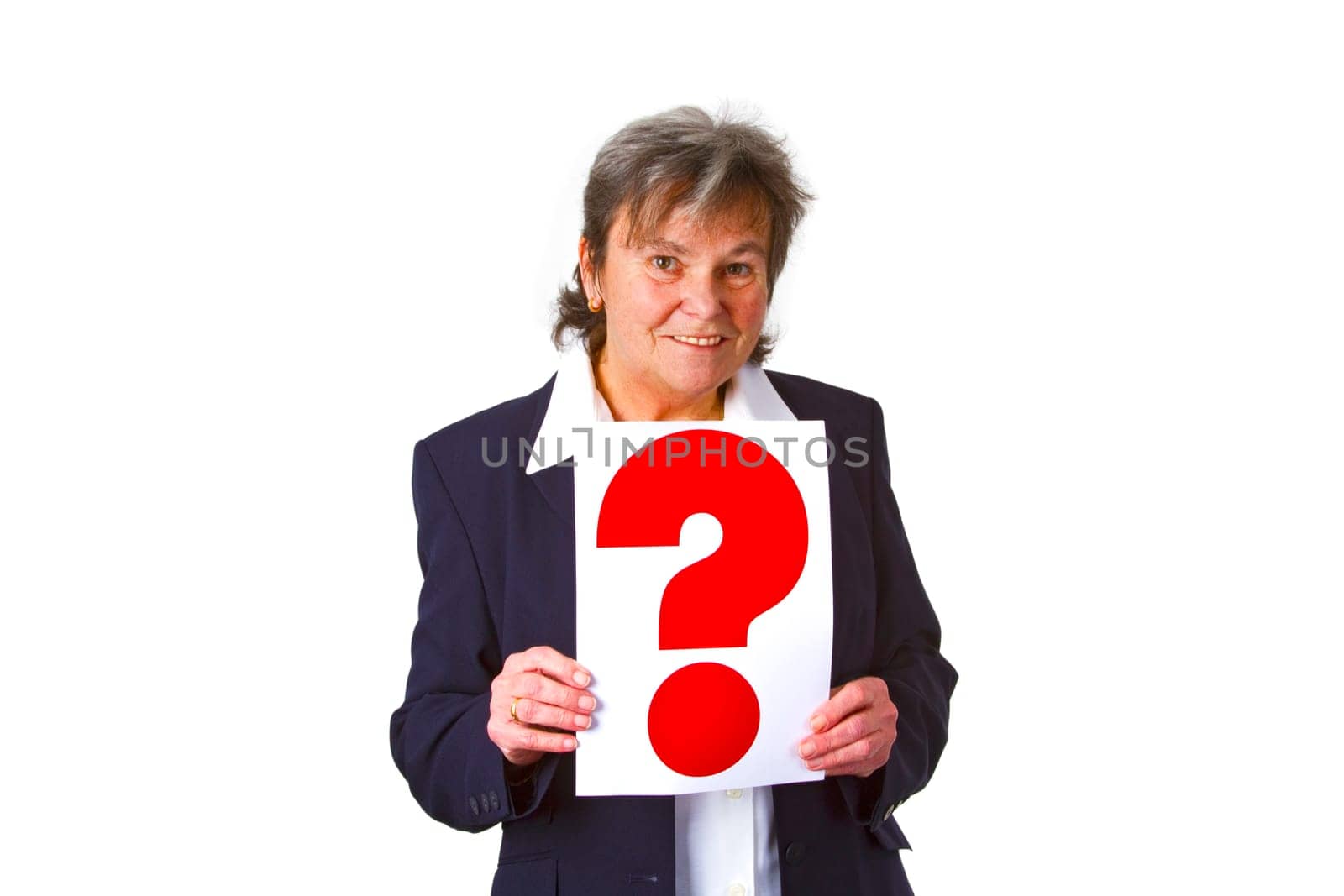Senior woman holding question mark - isolated on white background