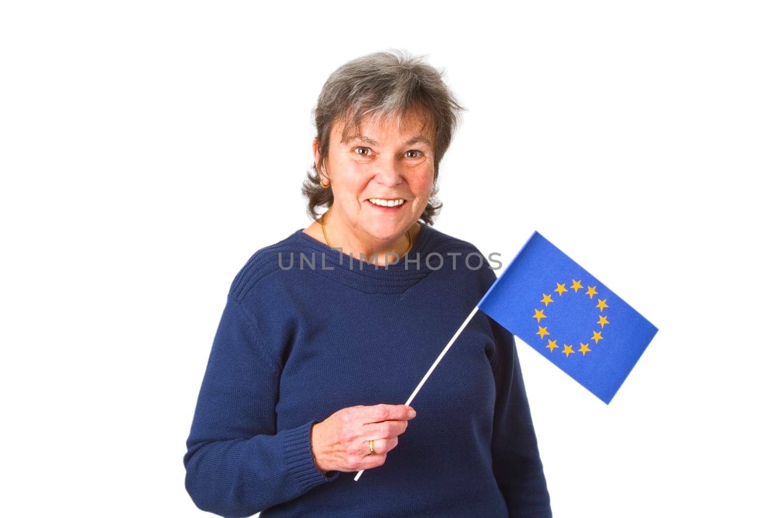Senior woman with European flag - isolated on white background