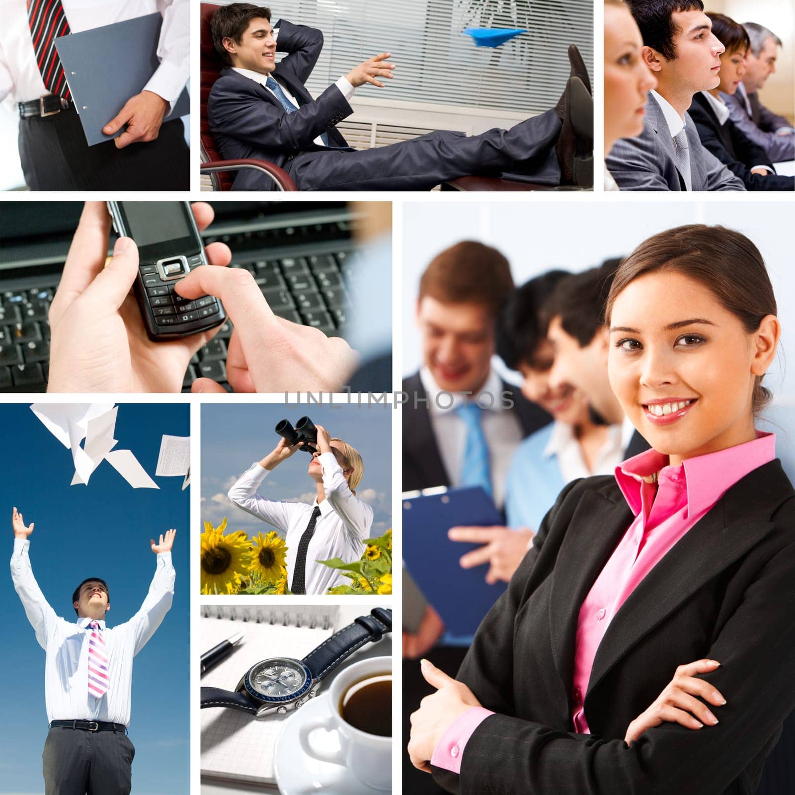 Collage with businesspeople and objects in different situations
