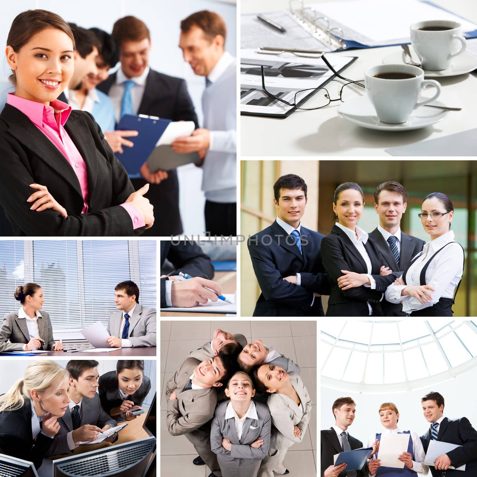 Collage with business teams and objects in different situations