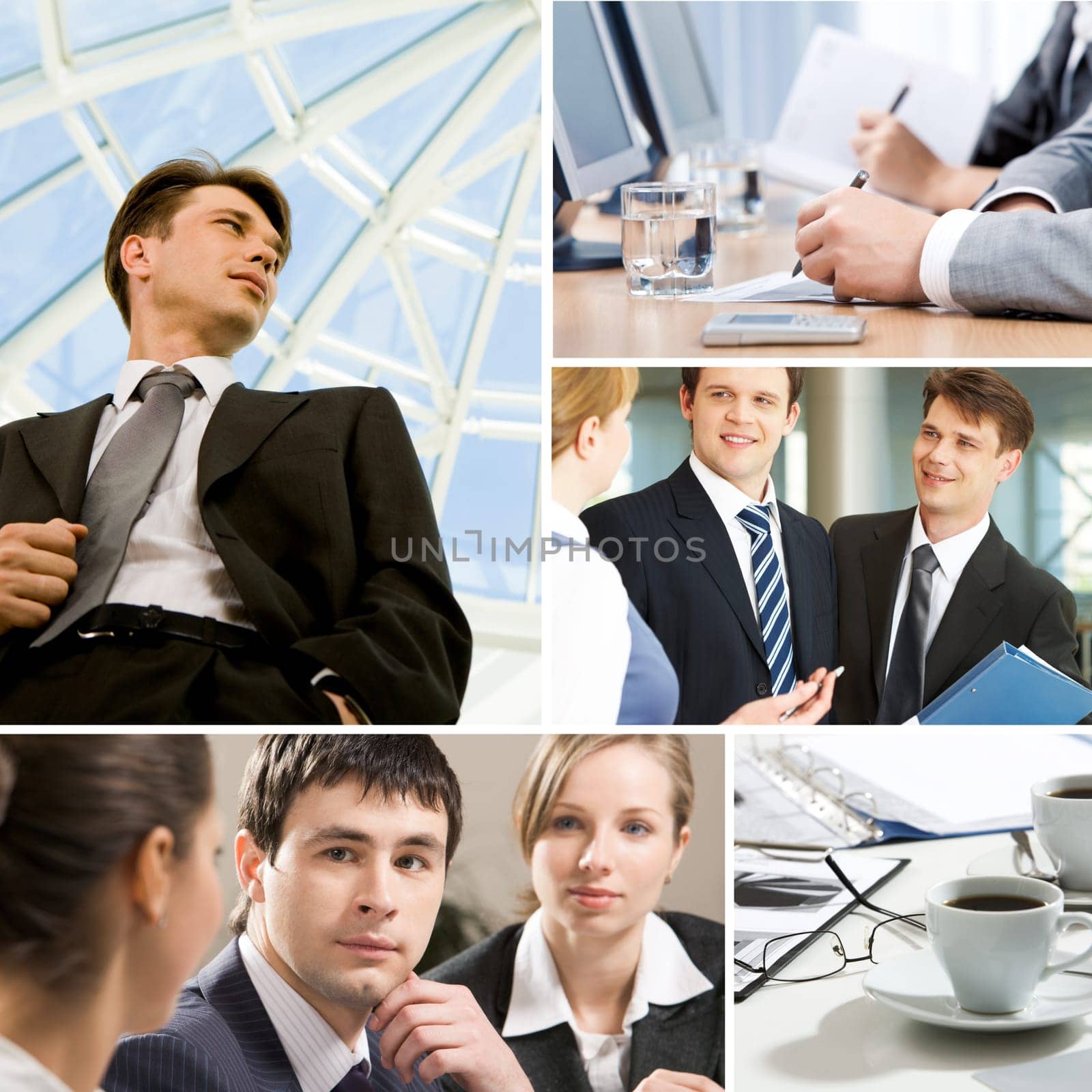 Collage with working business teams and objects in different situations