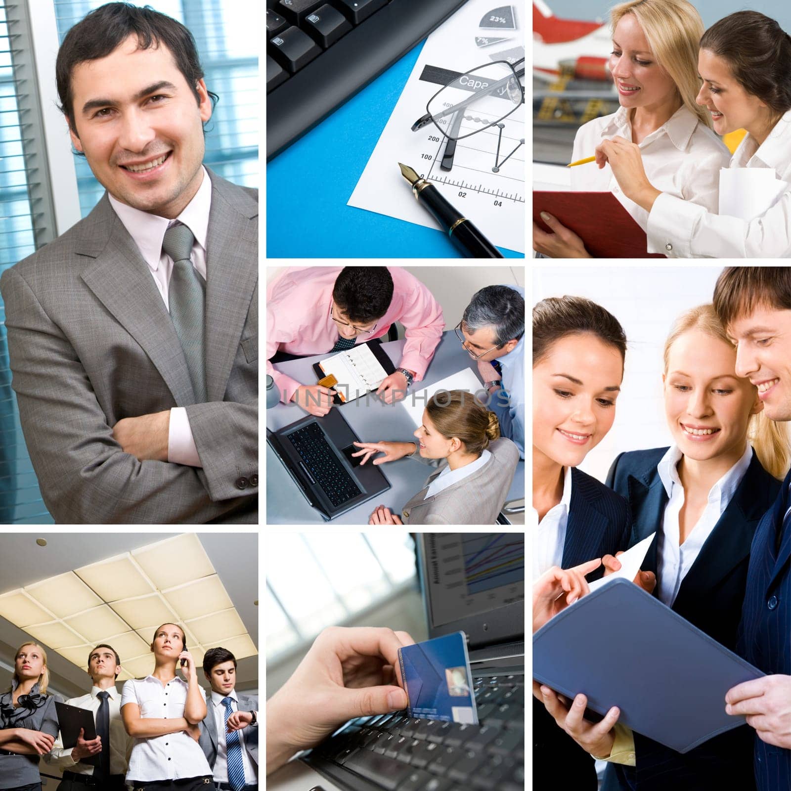 Collage with businesspeople: leader, teamwork, communication and objects