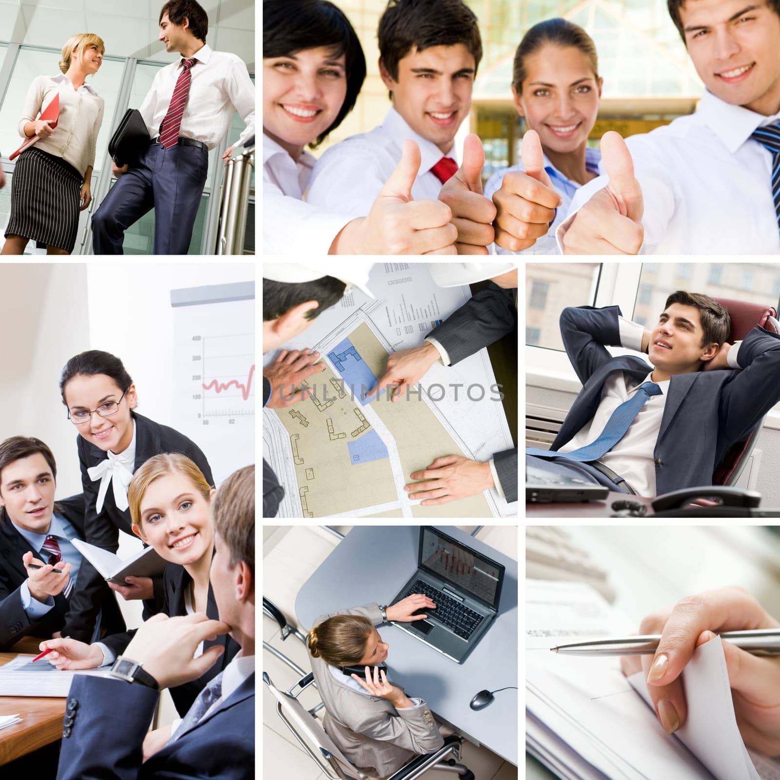 Collage with businesspeople: leader, teamwork, communication and objects