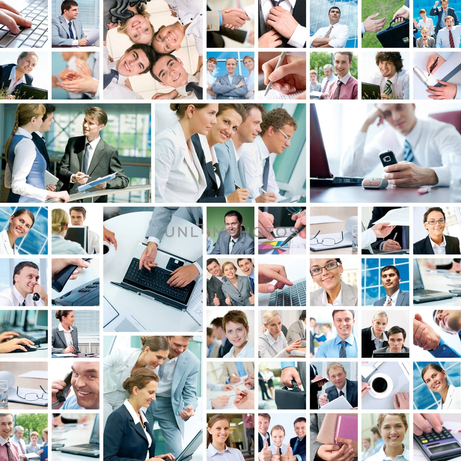 Collage with businesspeople working together and tools