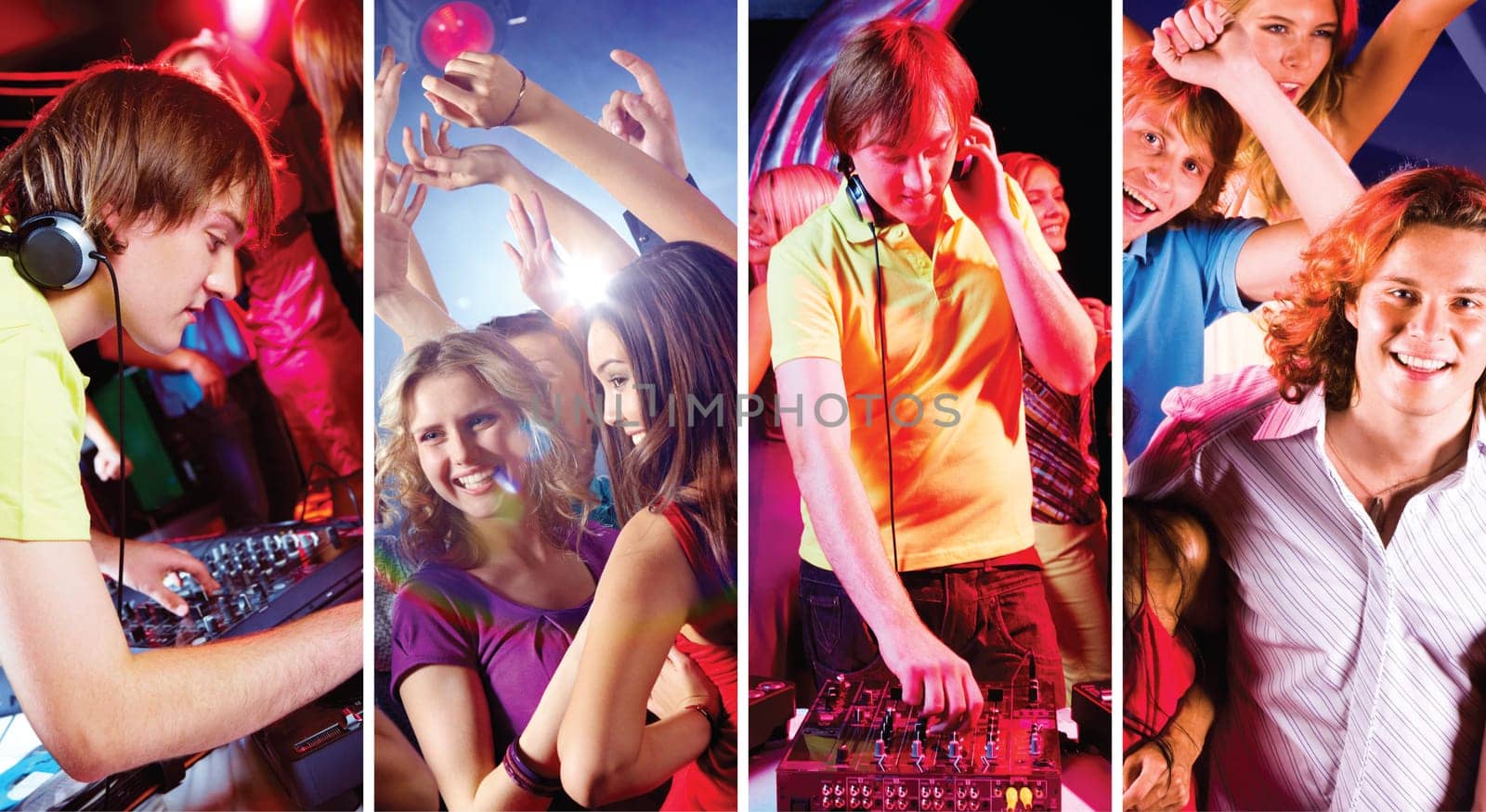 Collage of attractive young people dancing at disco and deejay at work