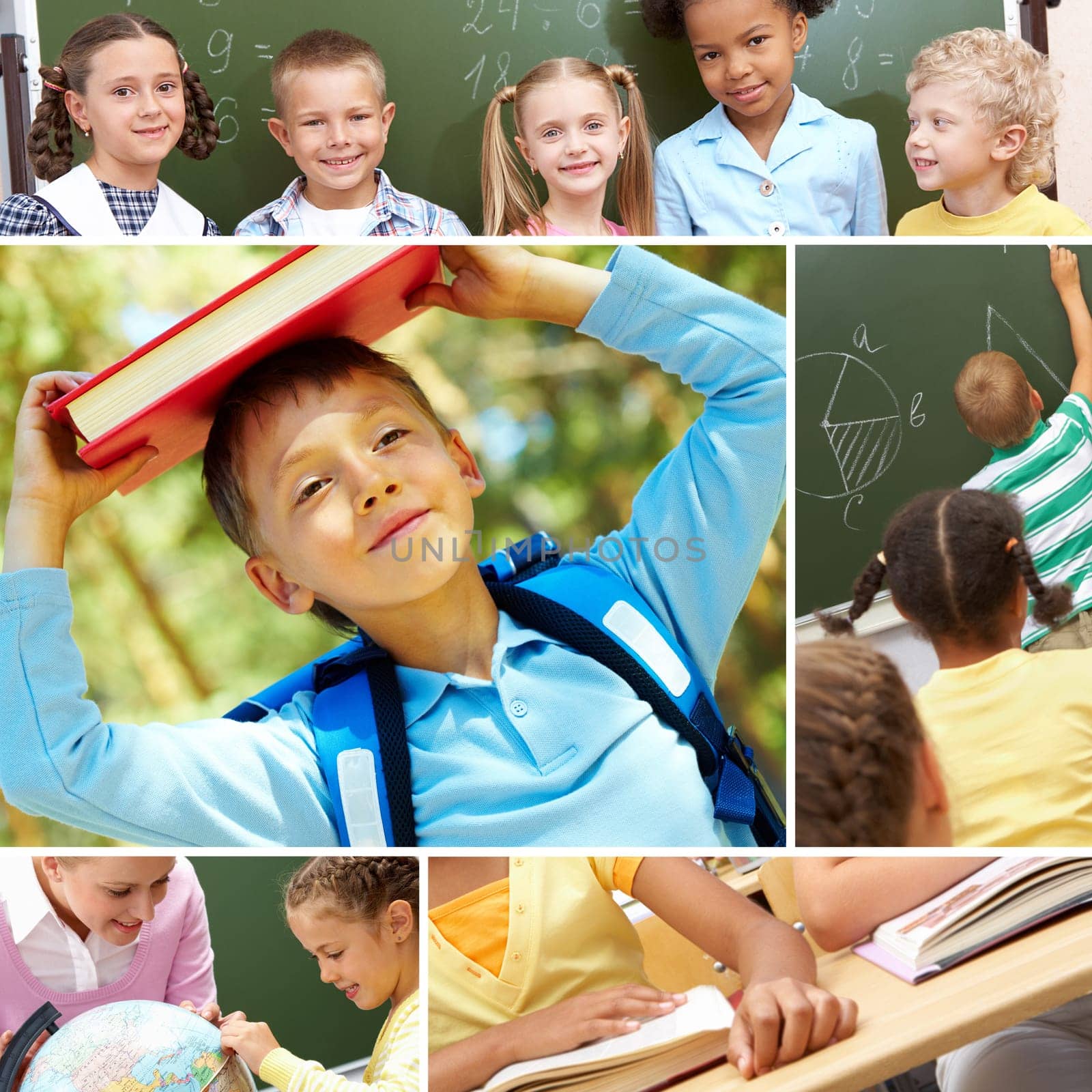Collage of schoolchildren and studying process moments