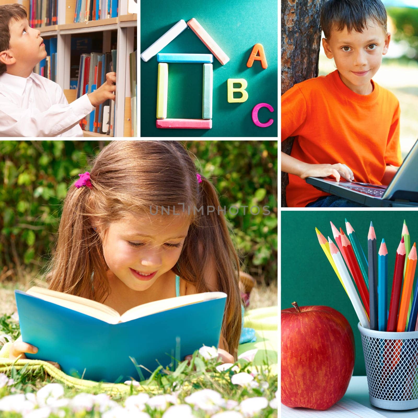 Collage of schoolchildren in studying process and education objects