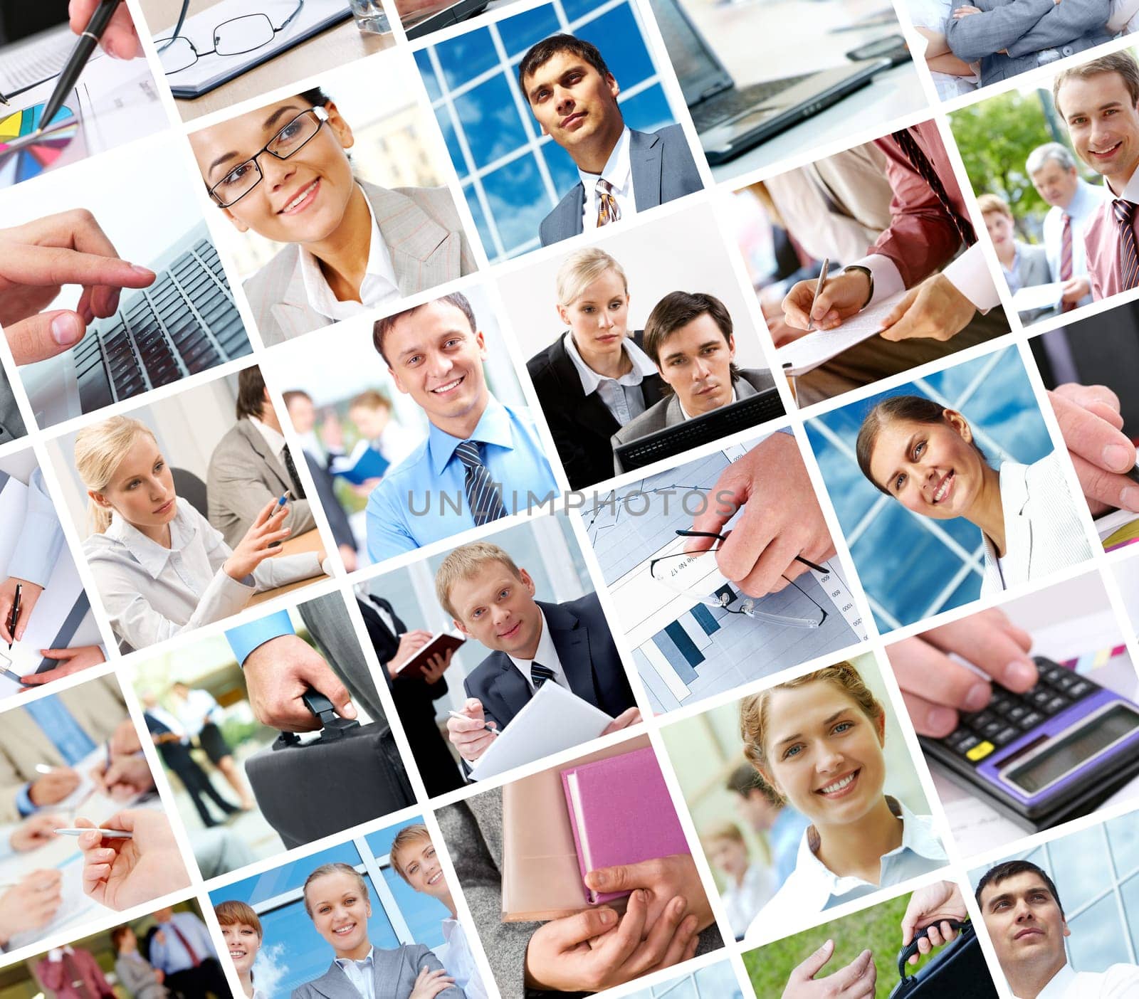 Collage with businesspeople and objects in different situations