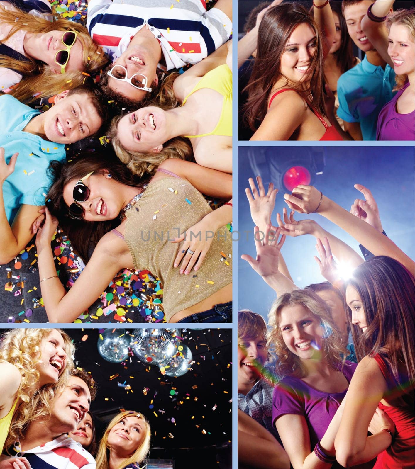 Collage of attractive young people having fun and relaxing at disco