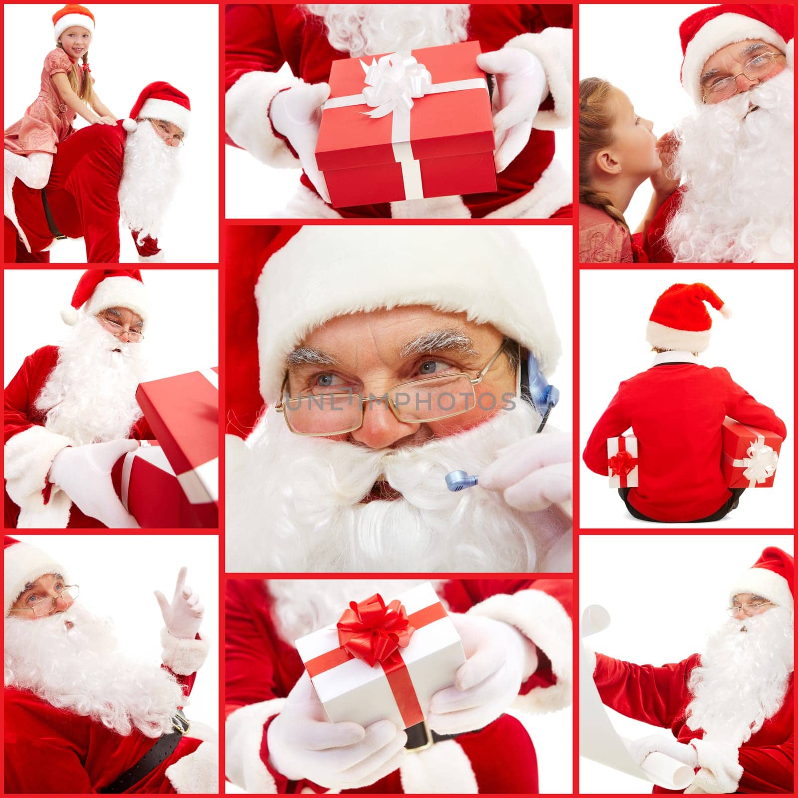 Collage of Santa Claus working before Christmas