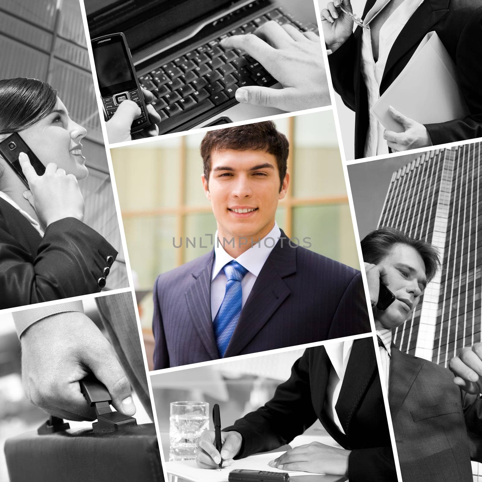 Collage with businessman, calling people and other objects