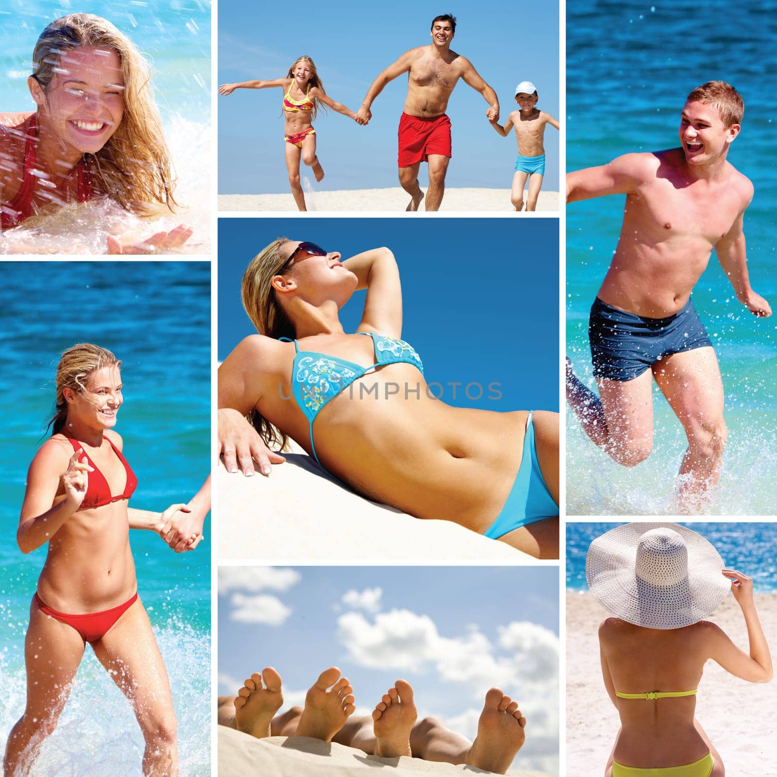Collage made of images of people on the beach