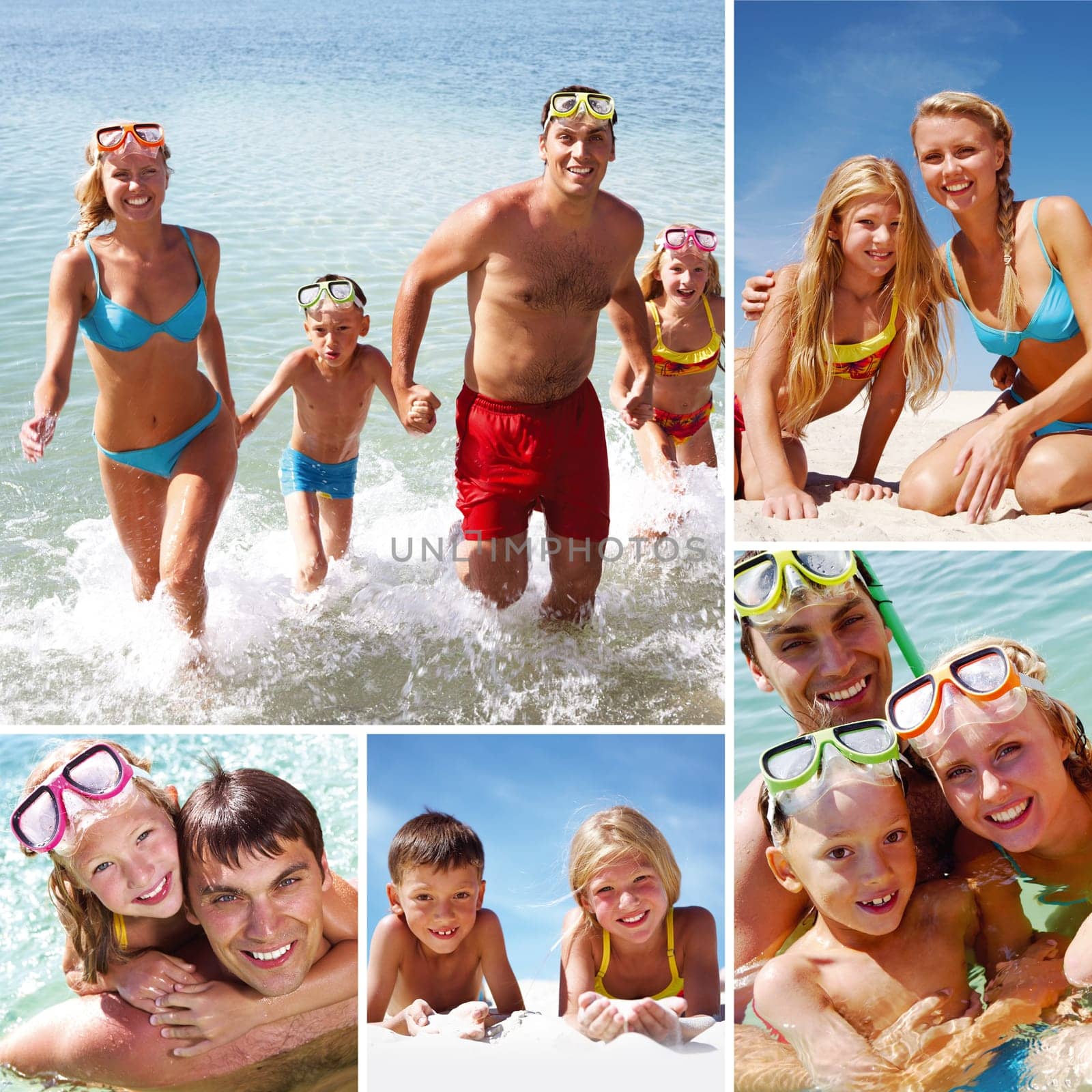 Collage made of images of a family swimming and sunbathing