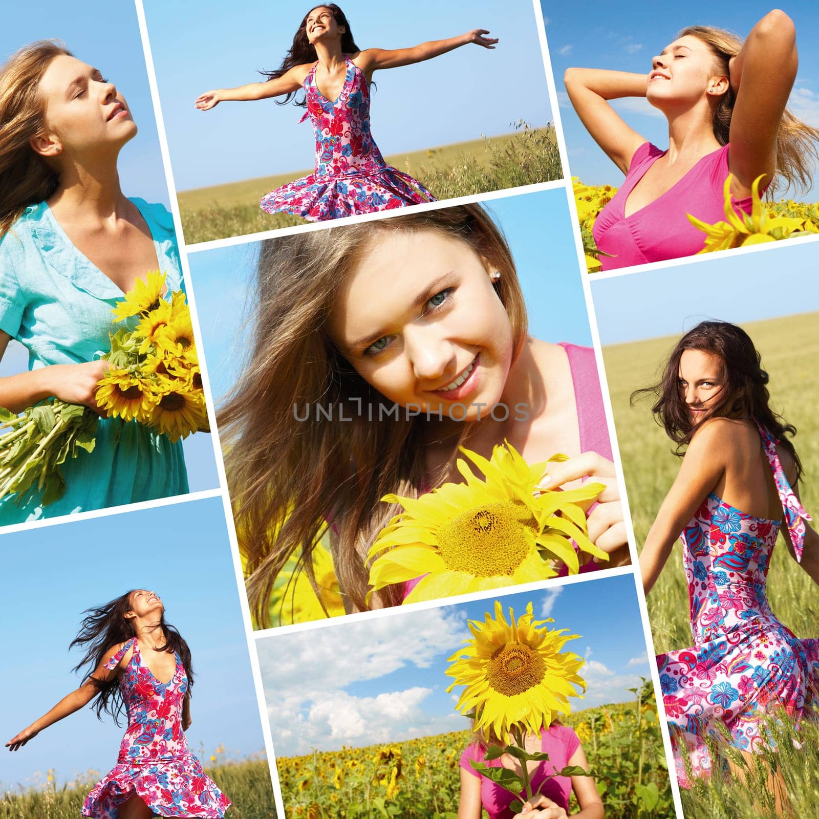 Collage made of photos with beautiful woman among sunflowers