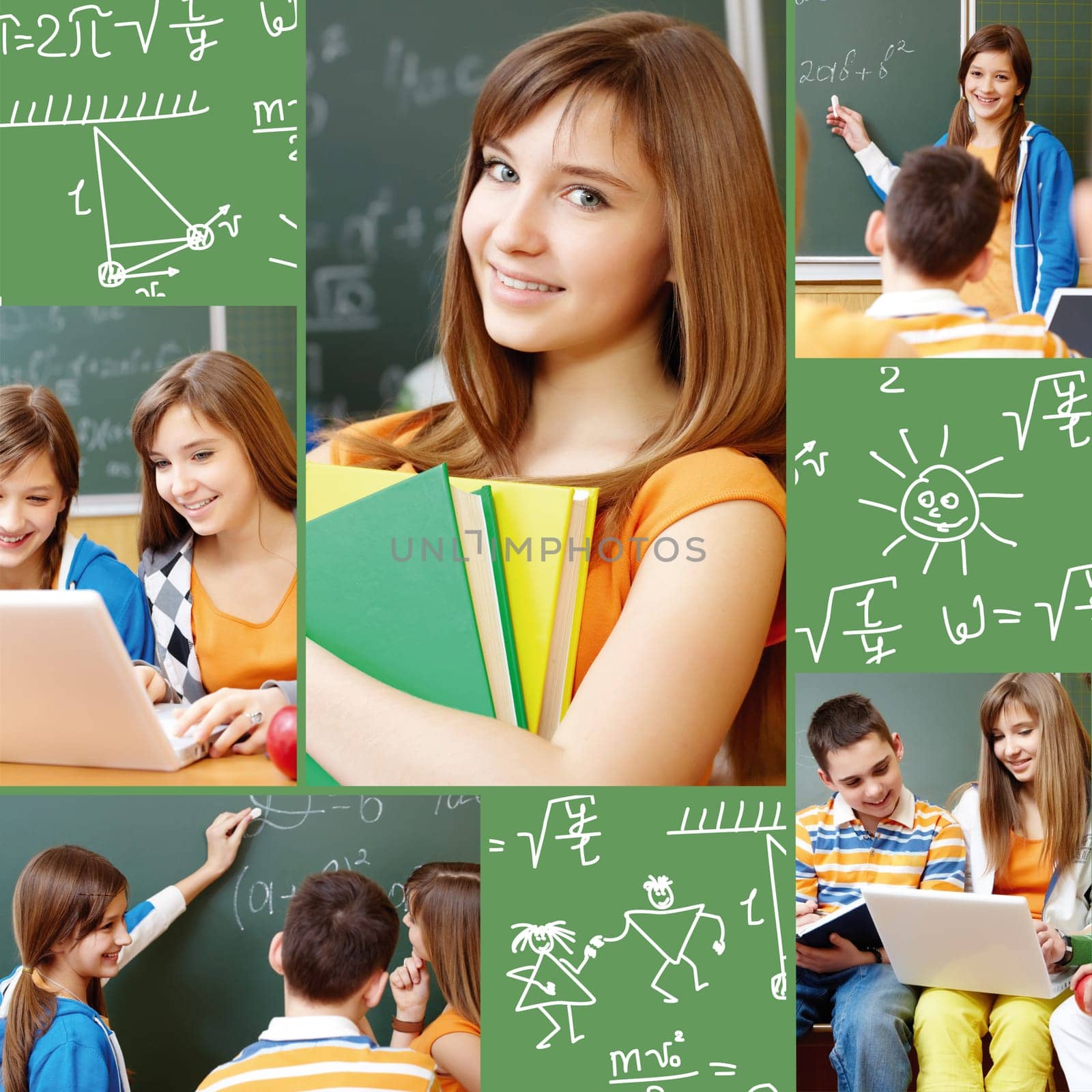 Collage of students working in group at lesson and school symbols