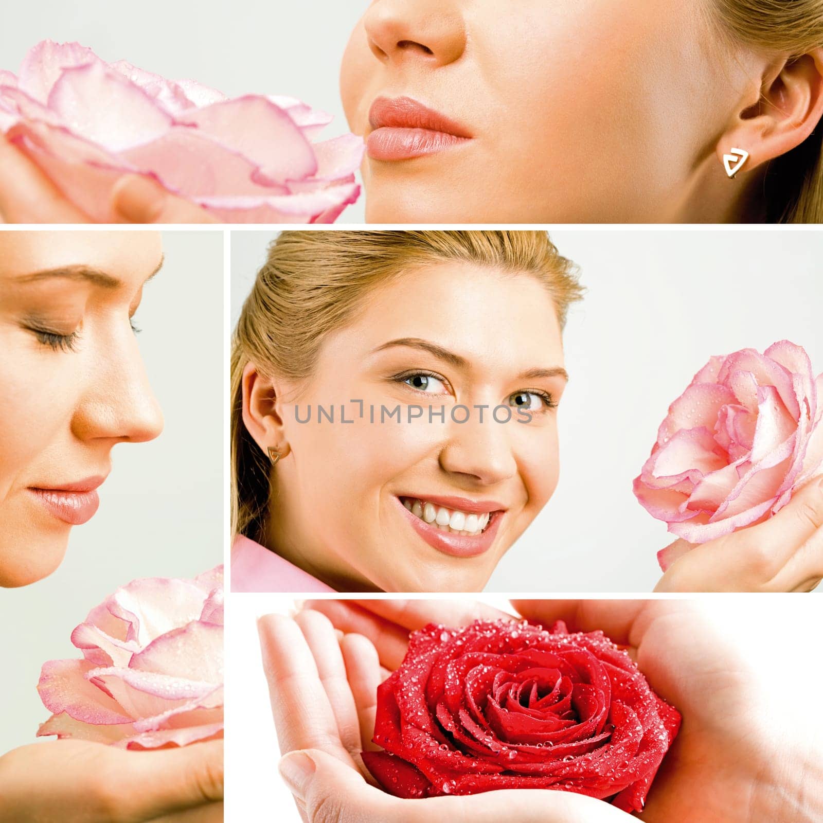 Collage made of photos with woman a rose