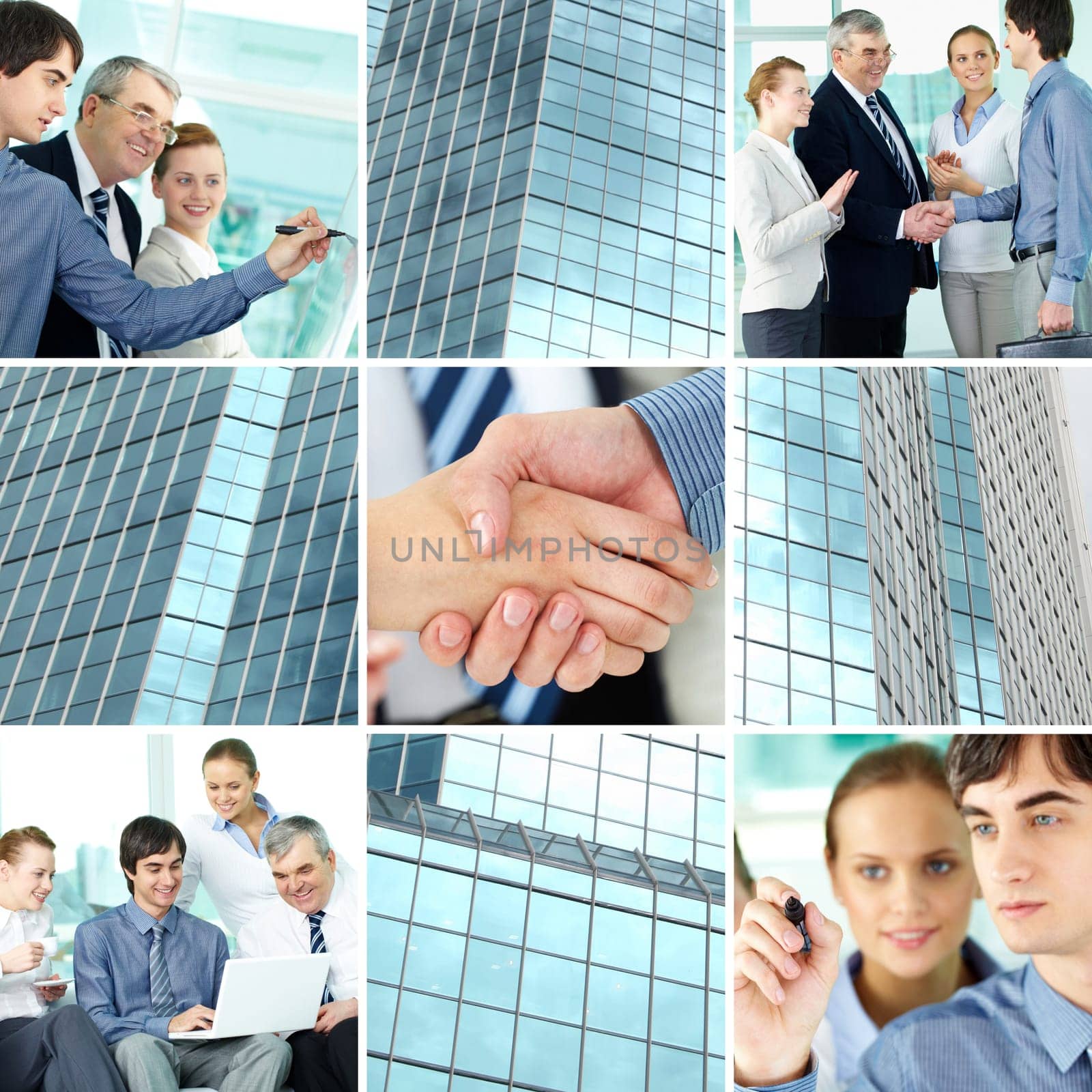 Collage of business team and office building