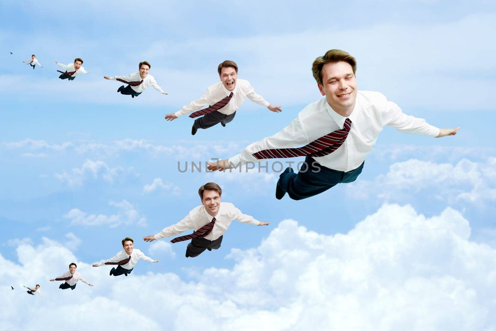 Conceptual image of many businessmen flying in the clouds