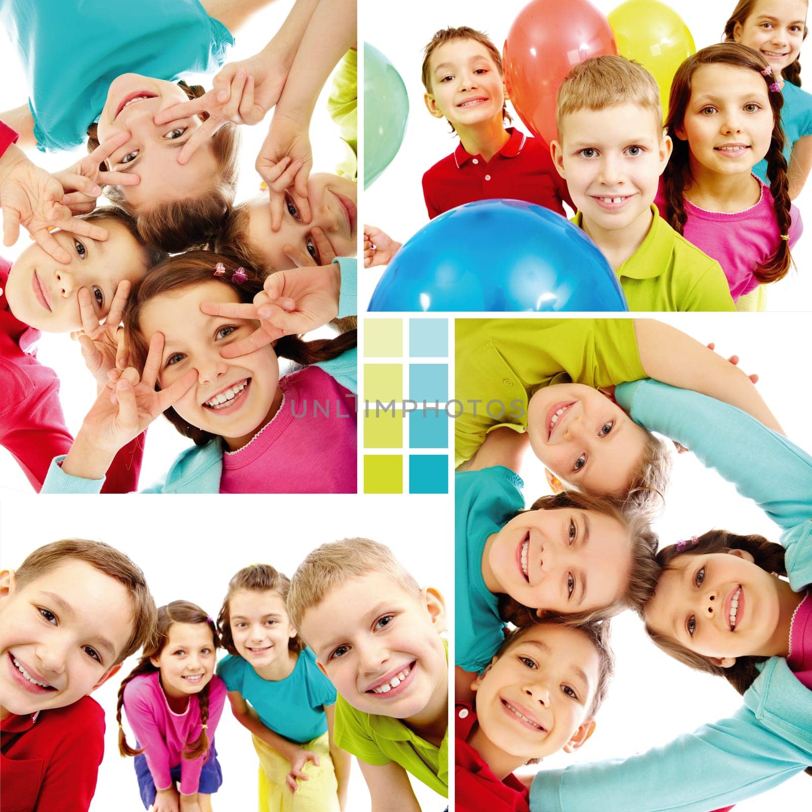 Collage of team of happy kids in joyful mood