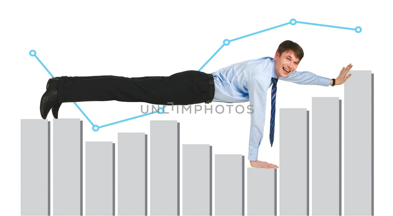 Creative photo of smiling businessman lying upon graph