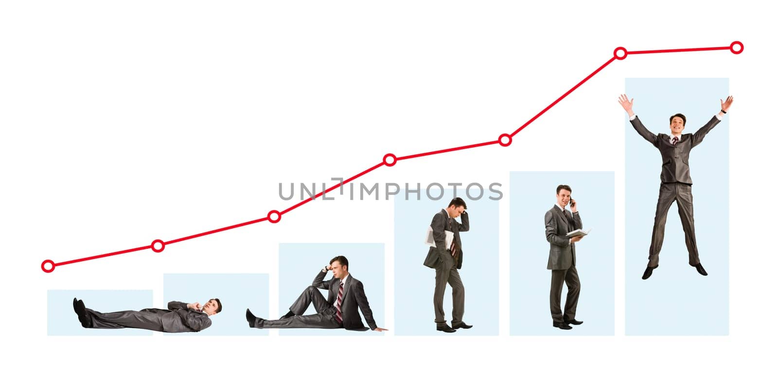 Creative photo of businessman in different moods under graph