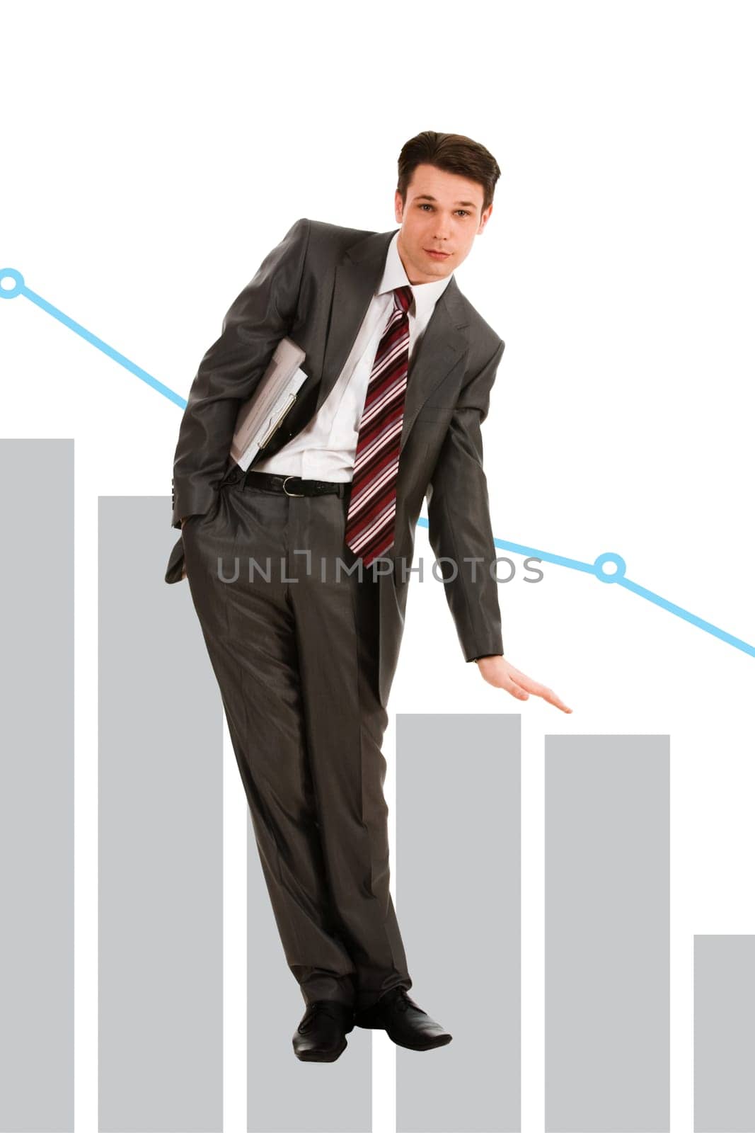 Creative photo of troubled businessman showing slide on graph
