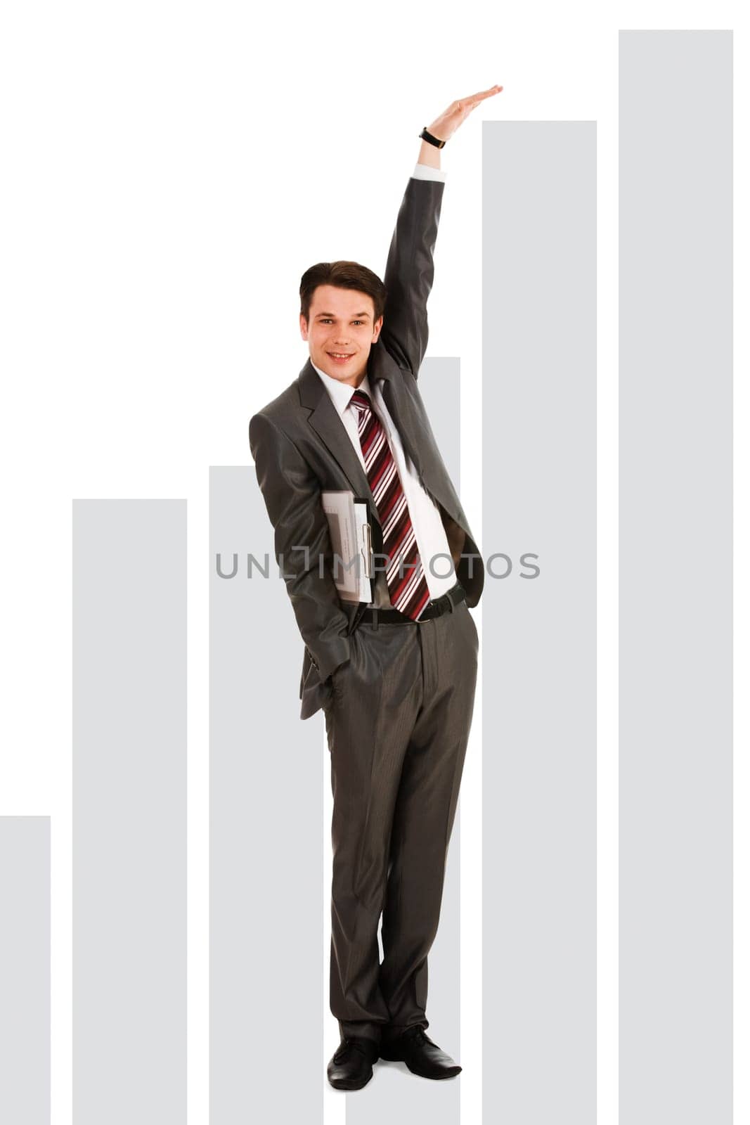 Creative photo of happy businessman showing rise on graph