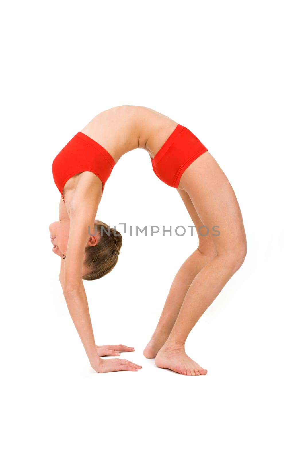 Image of young girl practicing physical exercise looking like zero