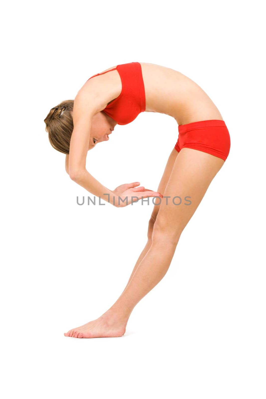 Image of fit girl practicing physical exercise forming number nine