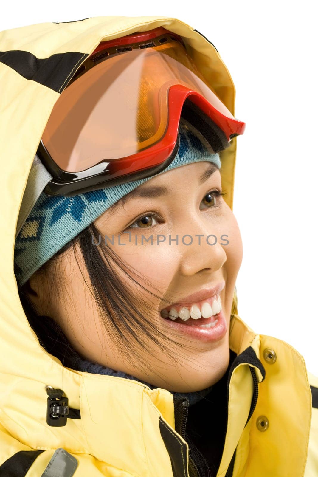 Profile of smiling girl with sport glasses