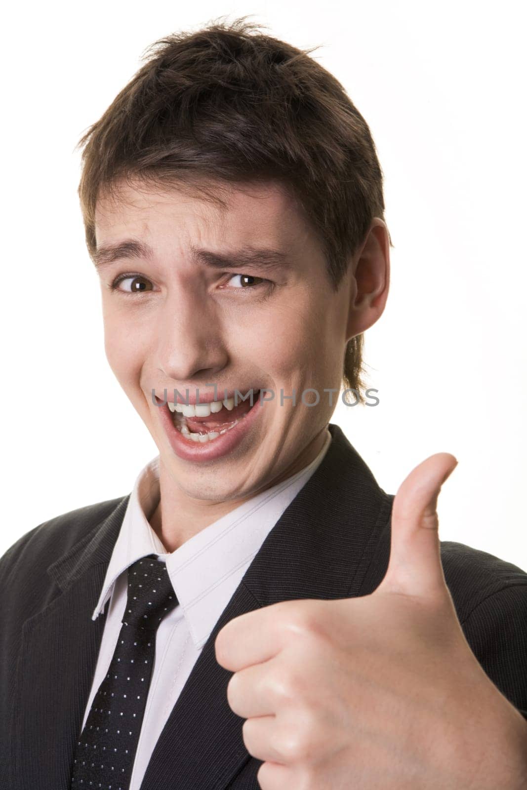 Photo of confident man showing sign of okay and looking at camera