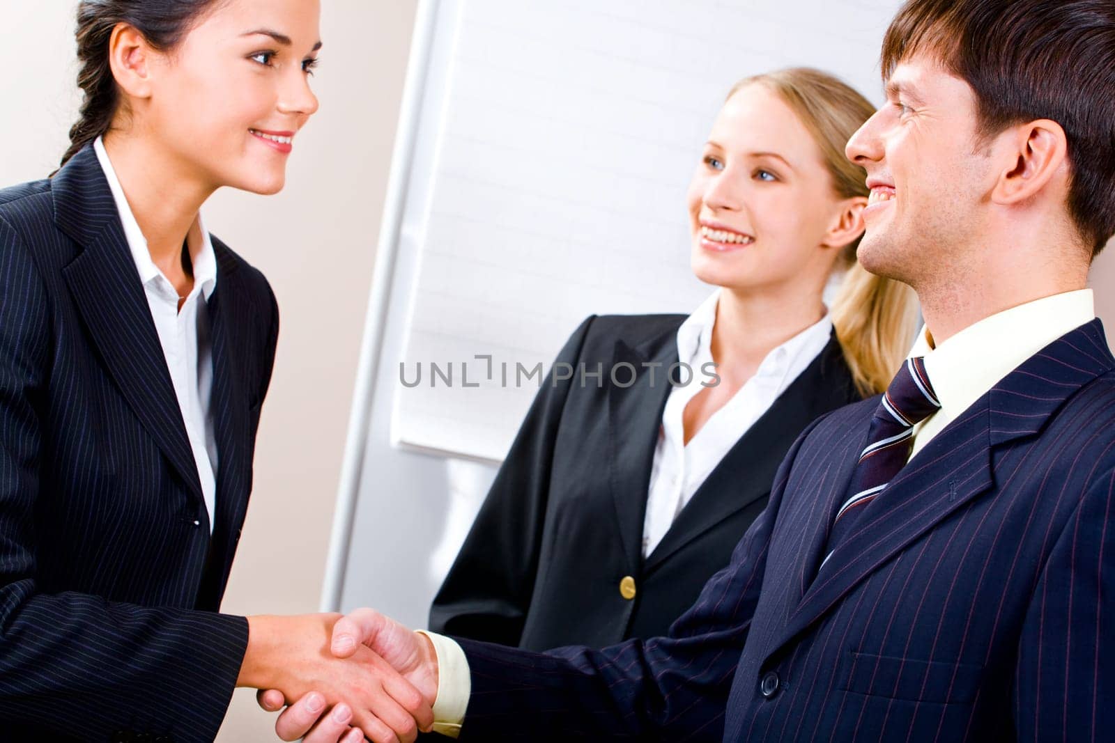 Image of confident business partners shaking hands in the office