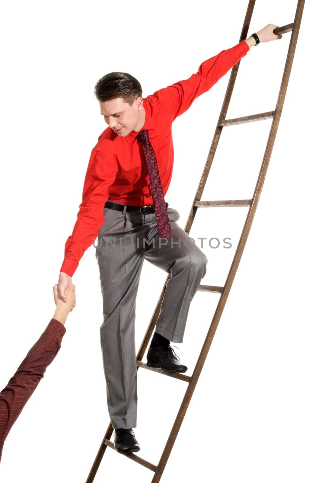 Image of confident businessman on ladder and supporting man