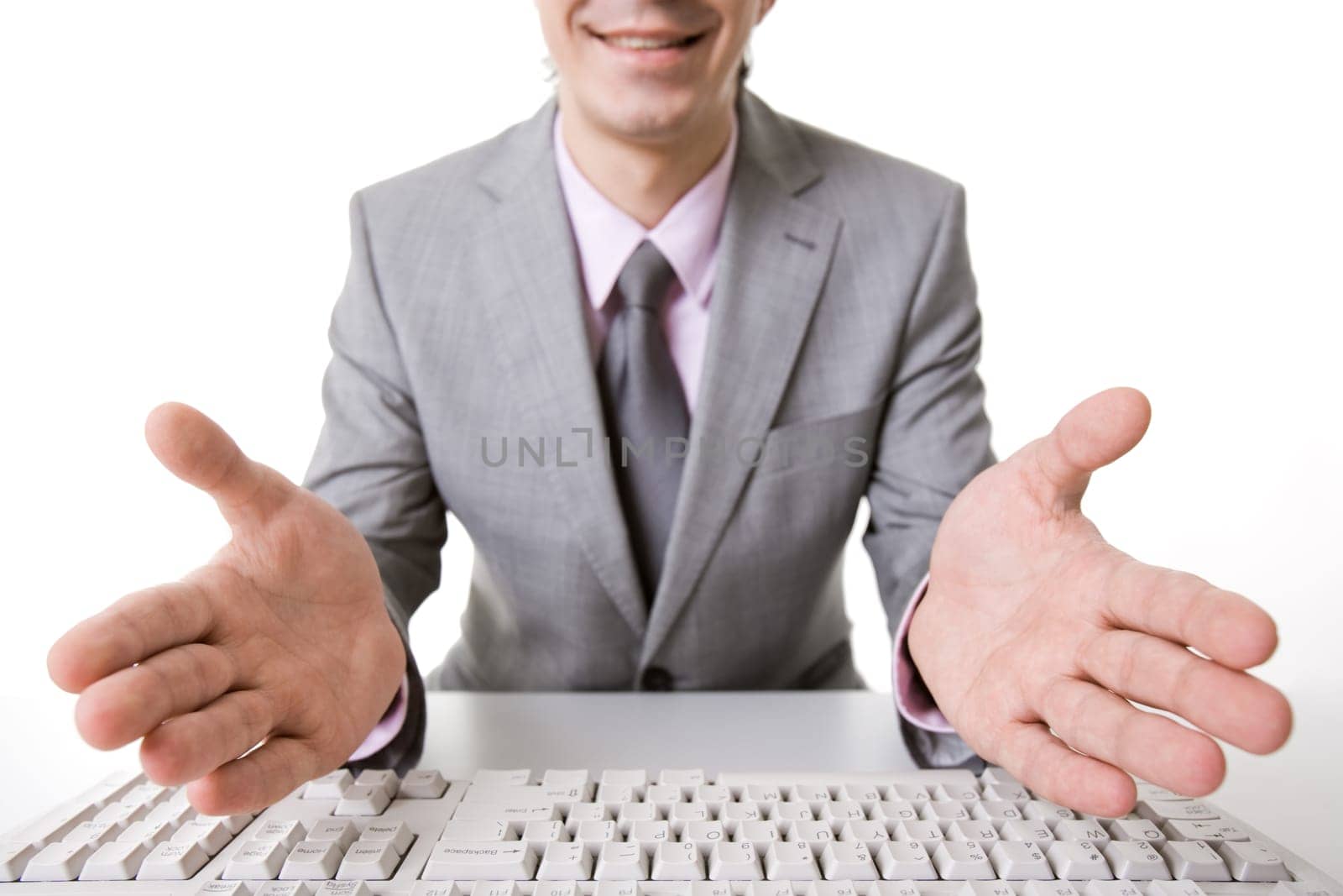 Photo of inviting businessman sitting at the table