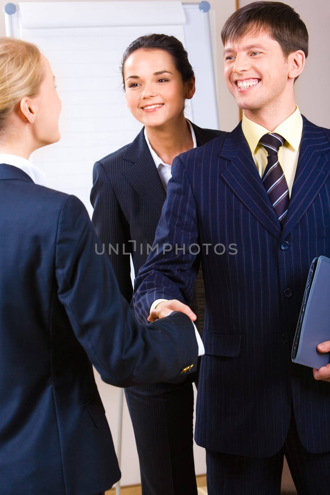 Image of confident business people shaking hands at meeting