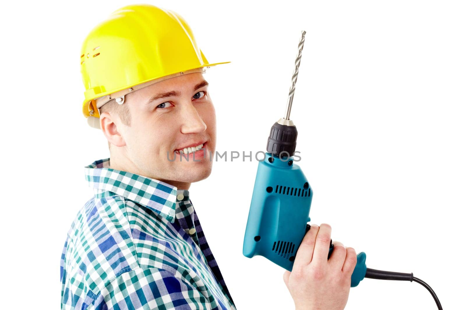 Portrait of a cheerful architect worker with electric drill