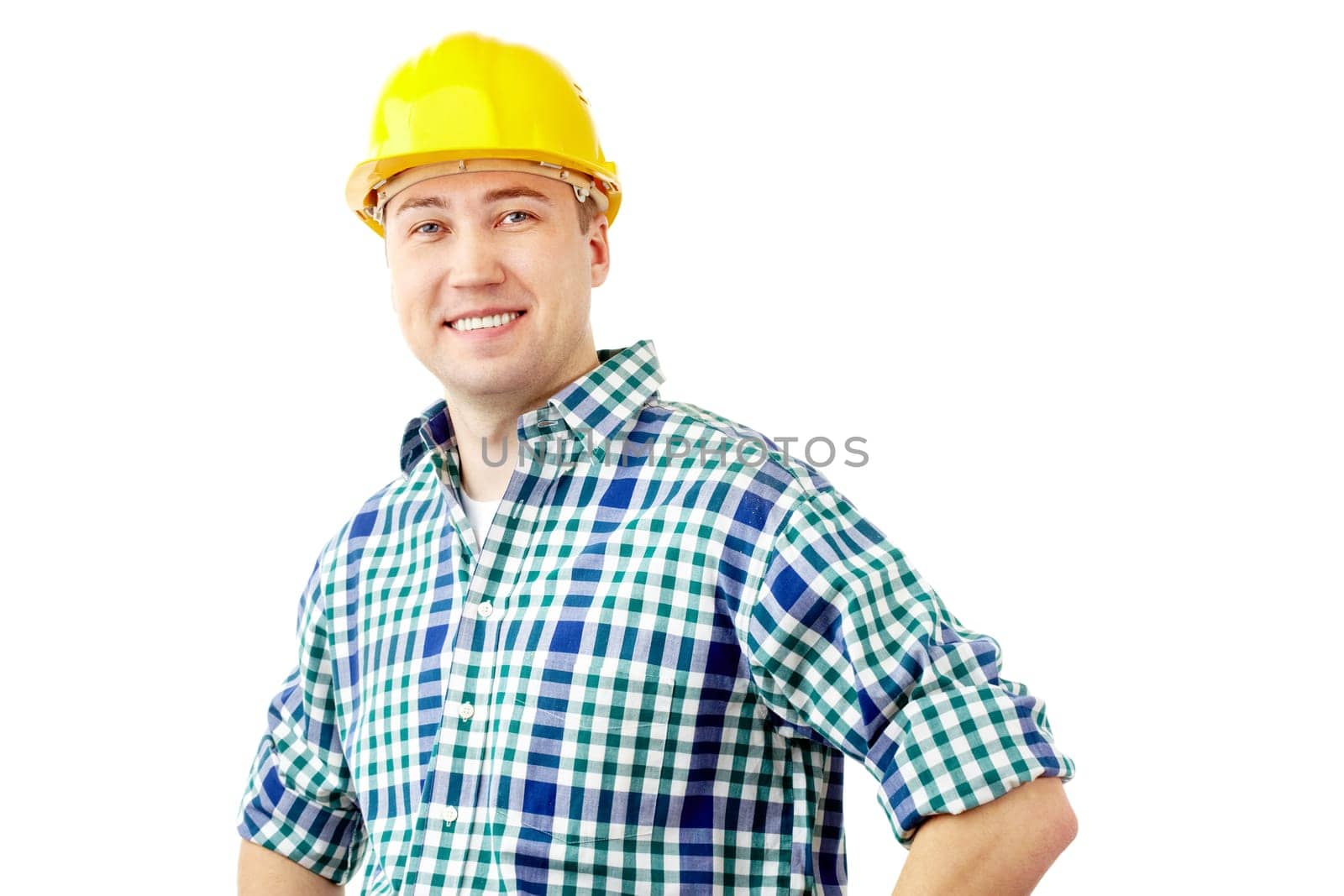 Portrait of a smiling worker isolated on white