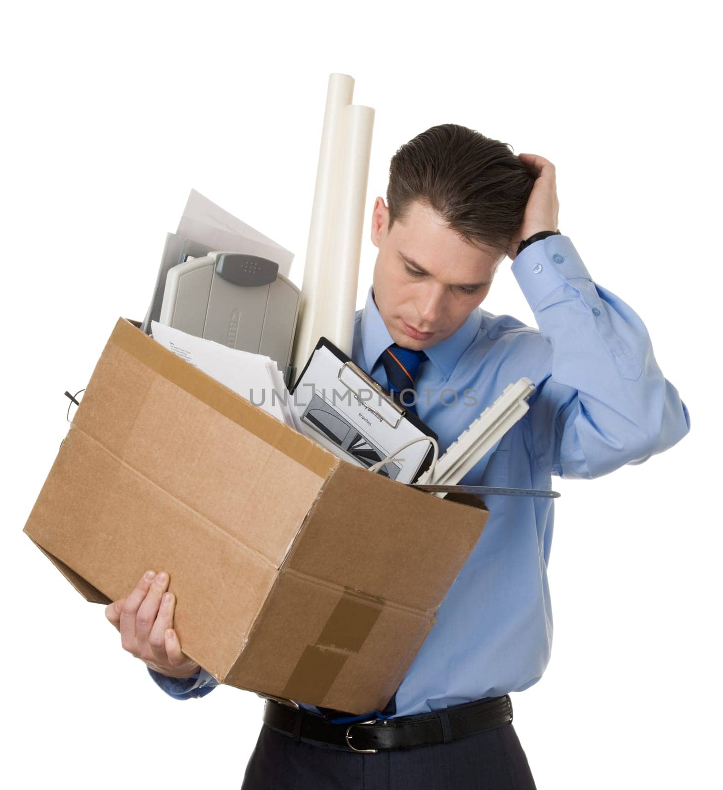 Portrait of sad businessman leaving work on a white background