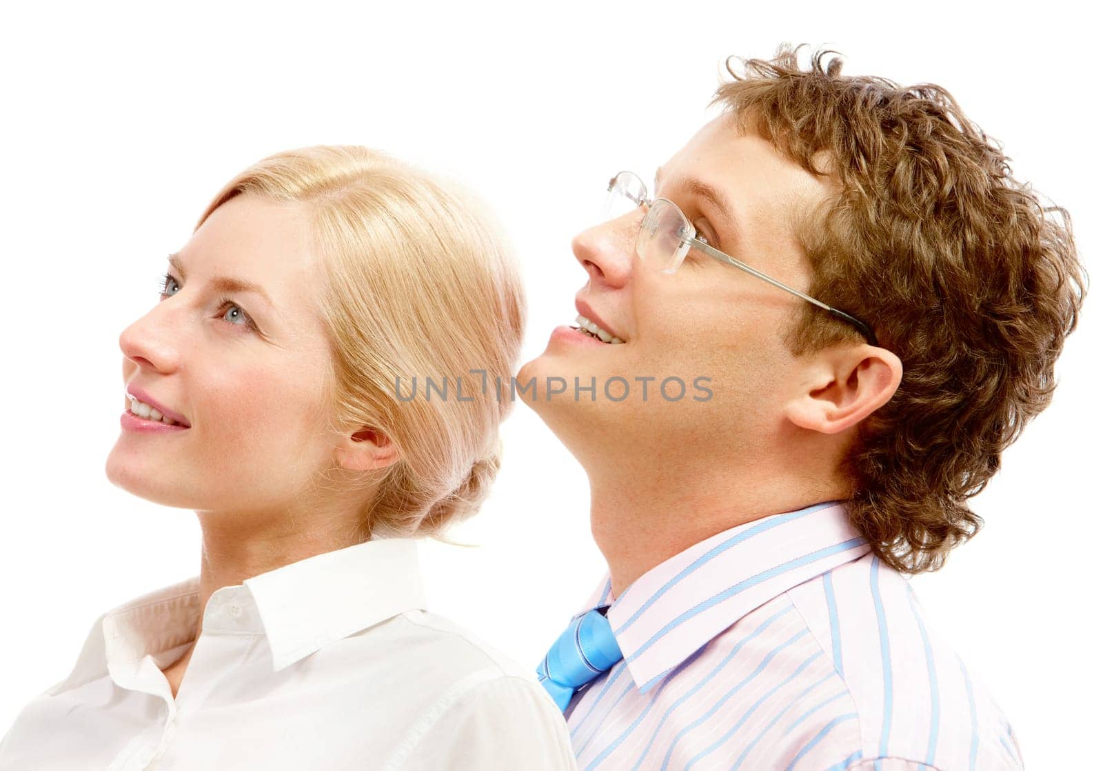 Portrait of successful business people looking forwards over white background