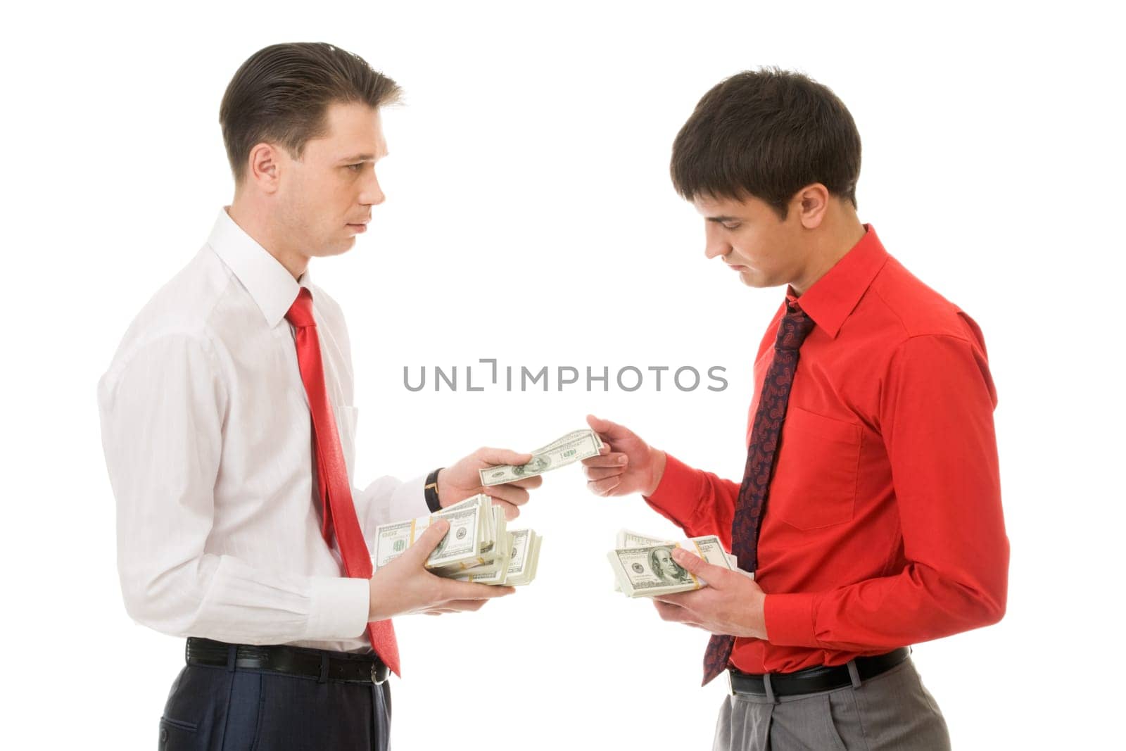 Portrait of two partners making bargain on a white background