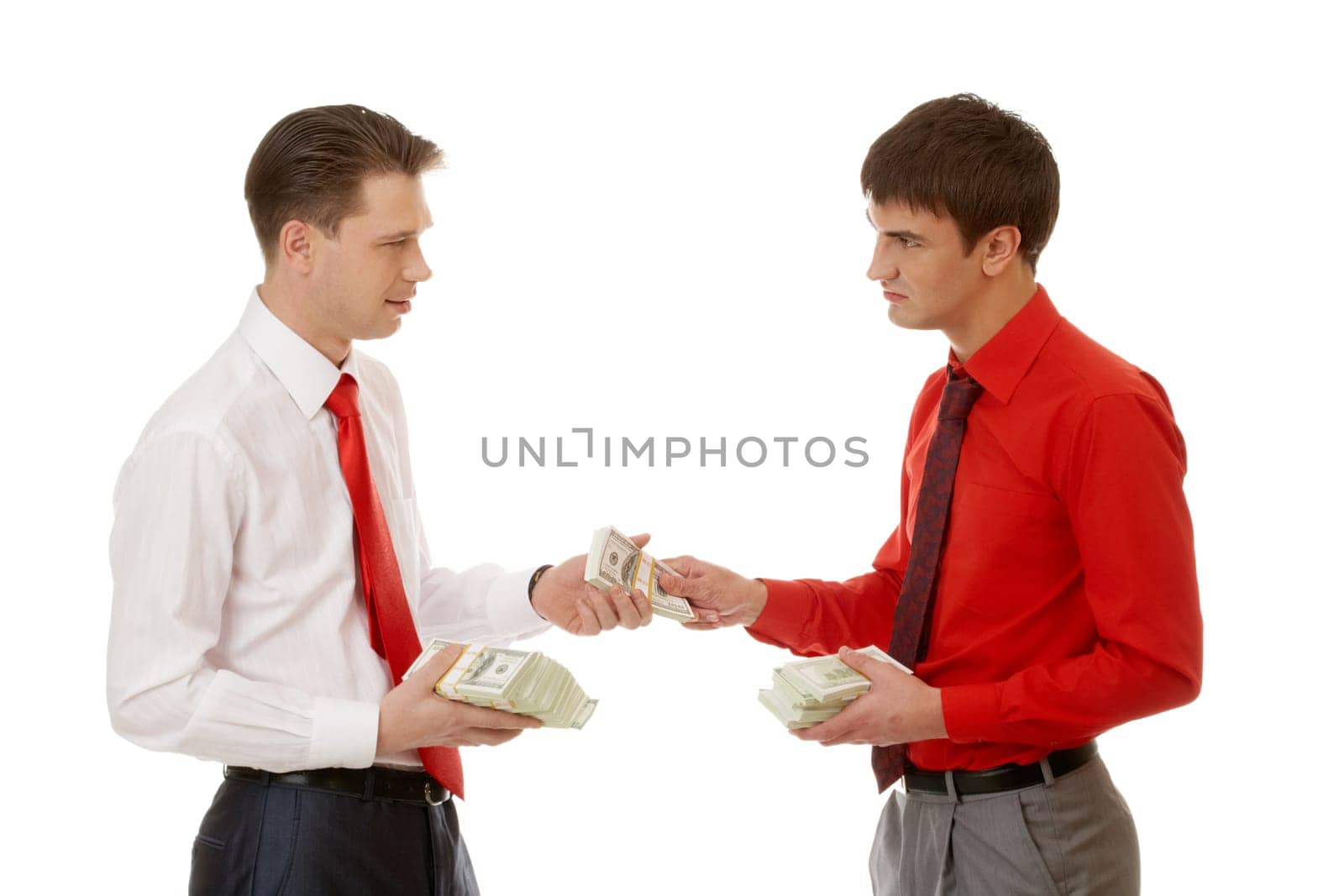 Portrait of two partners making bargain on a white background
