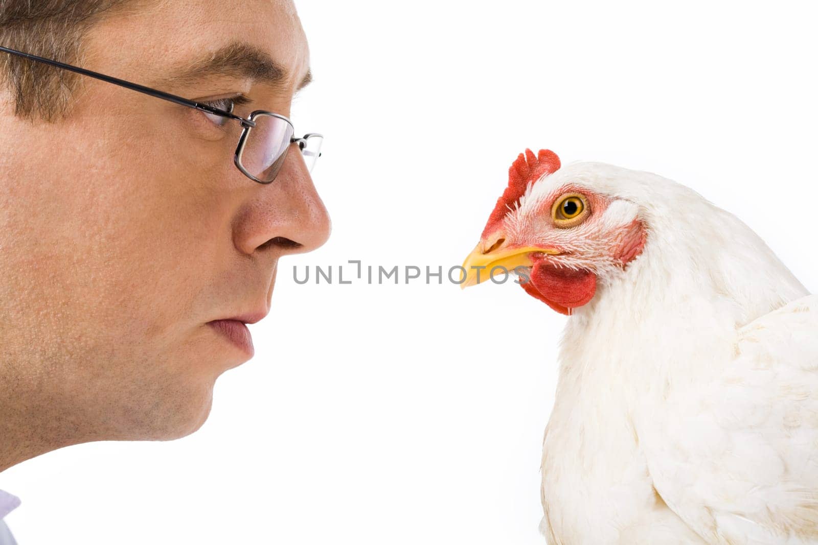 Image of man in glasses staring at curious chicken seriously