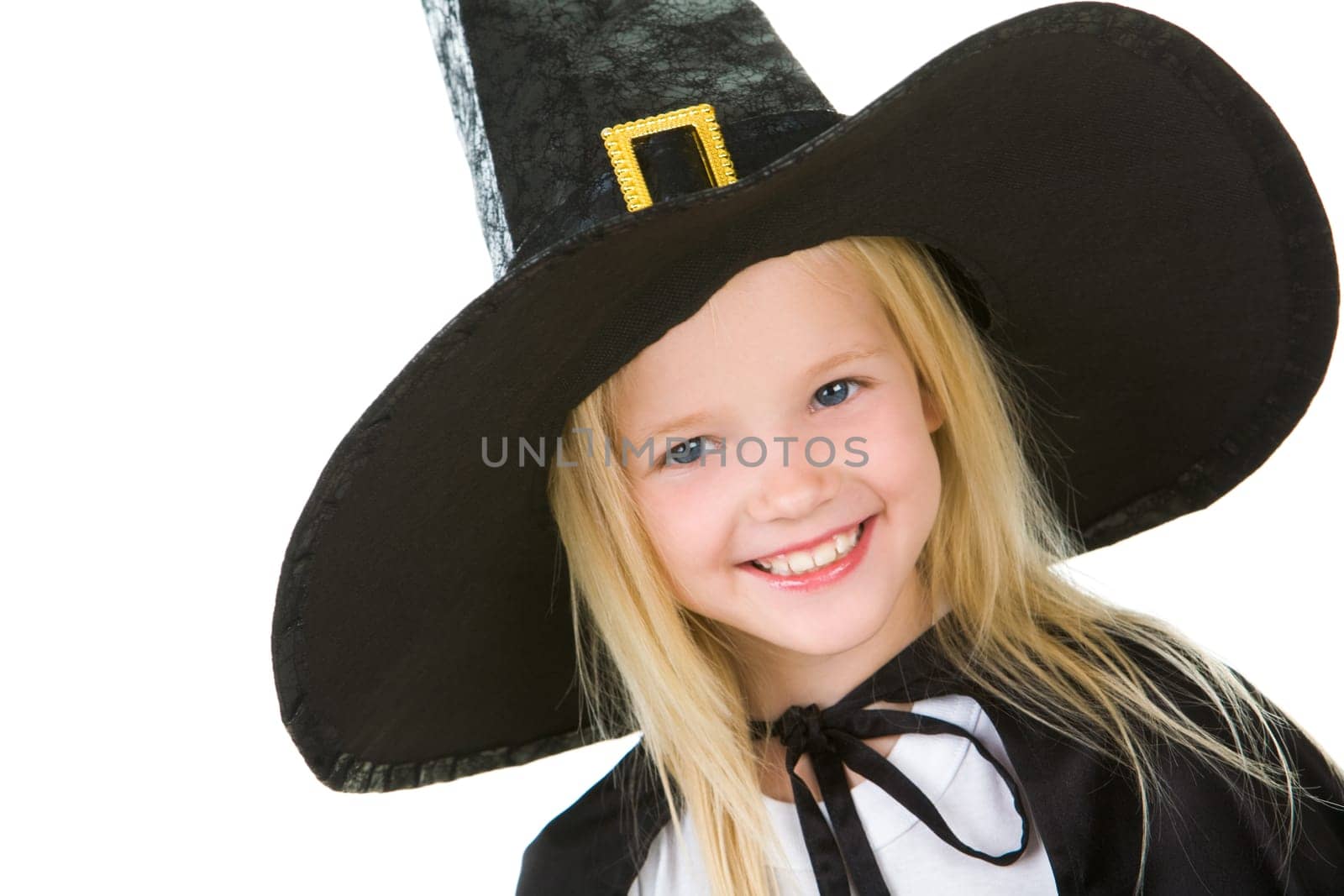 Portrait of girl in black hat on white background
