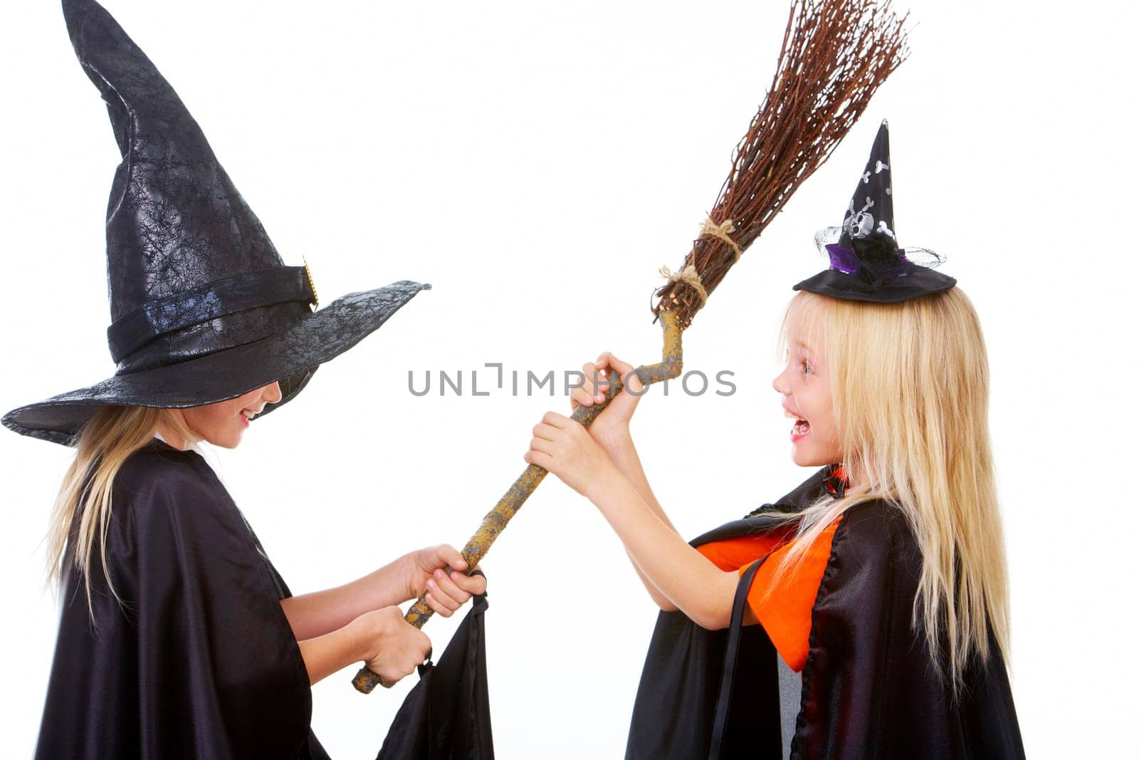 Portrait of girl twins in black hats and black clothing sharing broom
