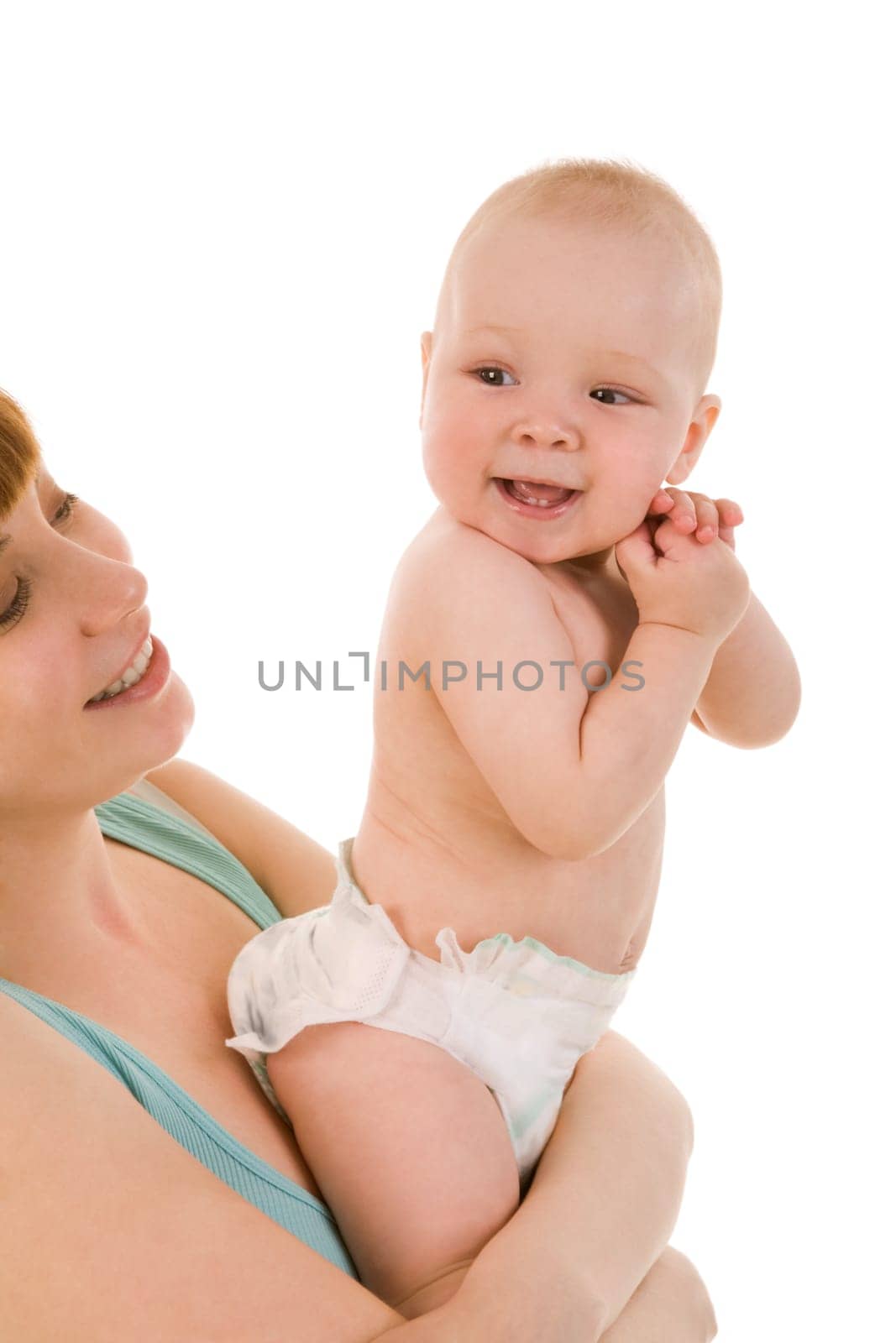 Image of pretty woman with her little baby on white background