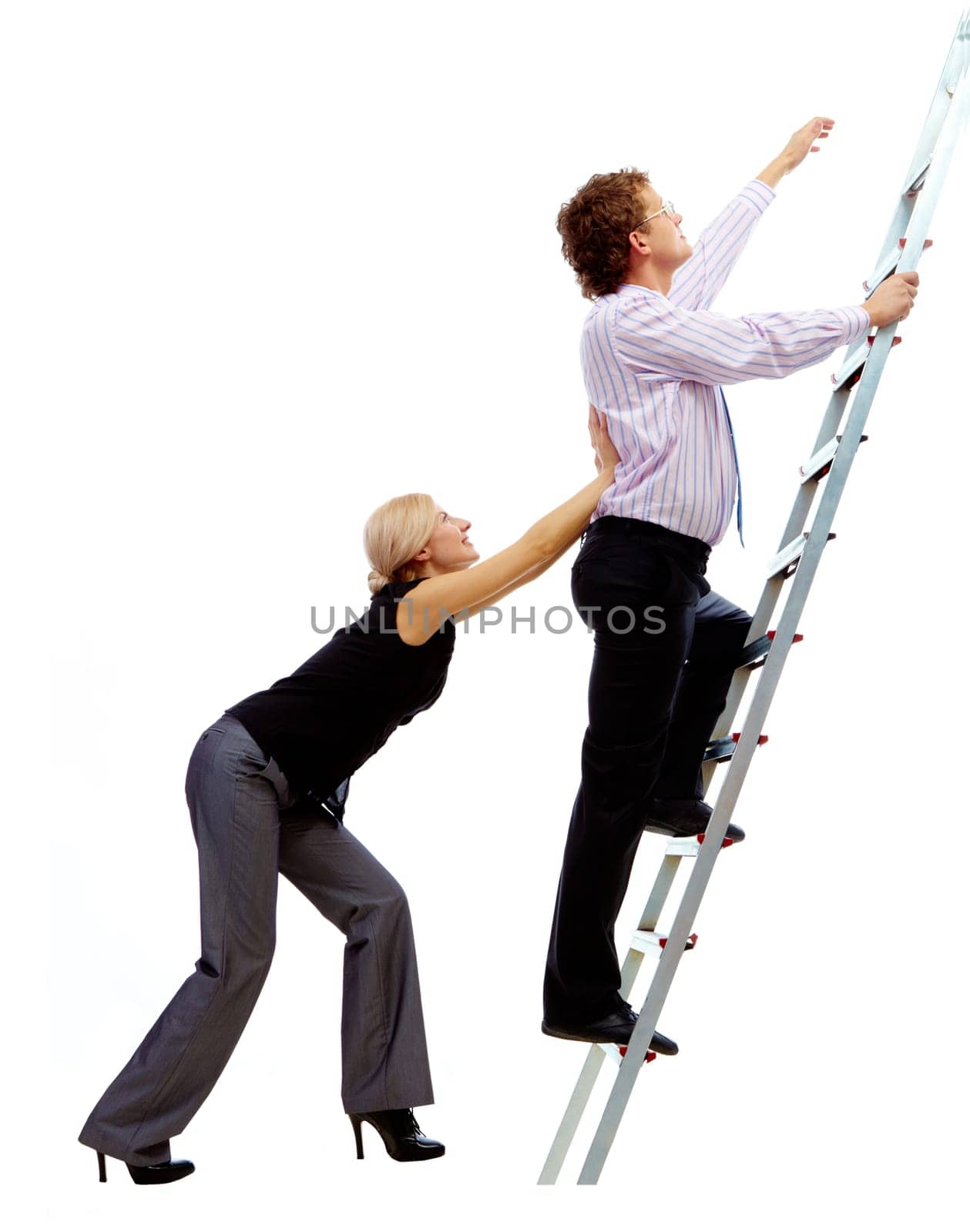 Photo of businessman ascending the ladder with pretty woman helping him