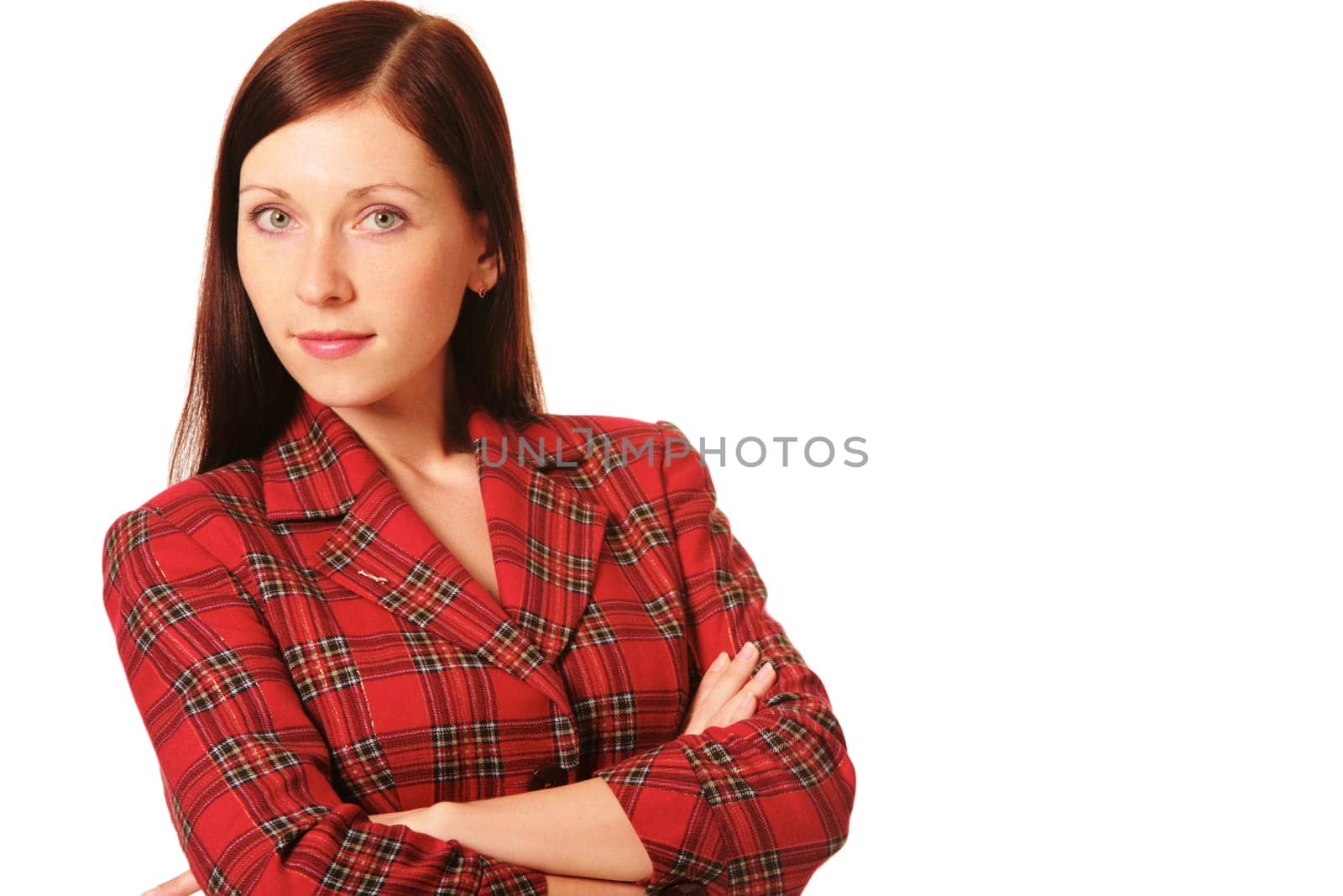 Portrait of charming female looking at camera over white background