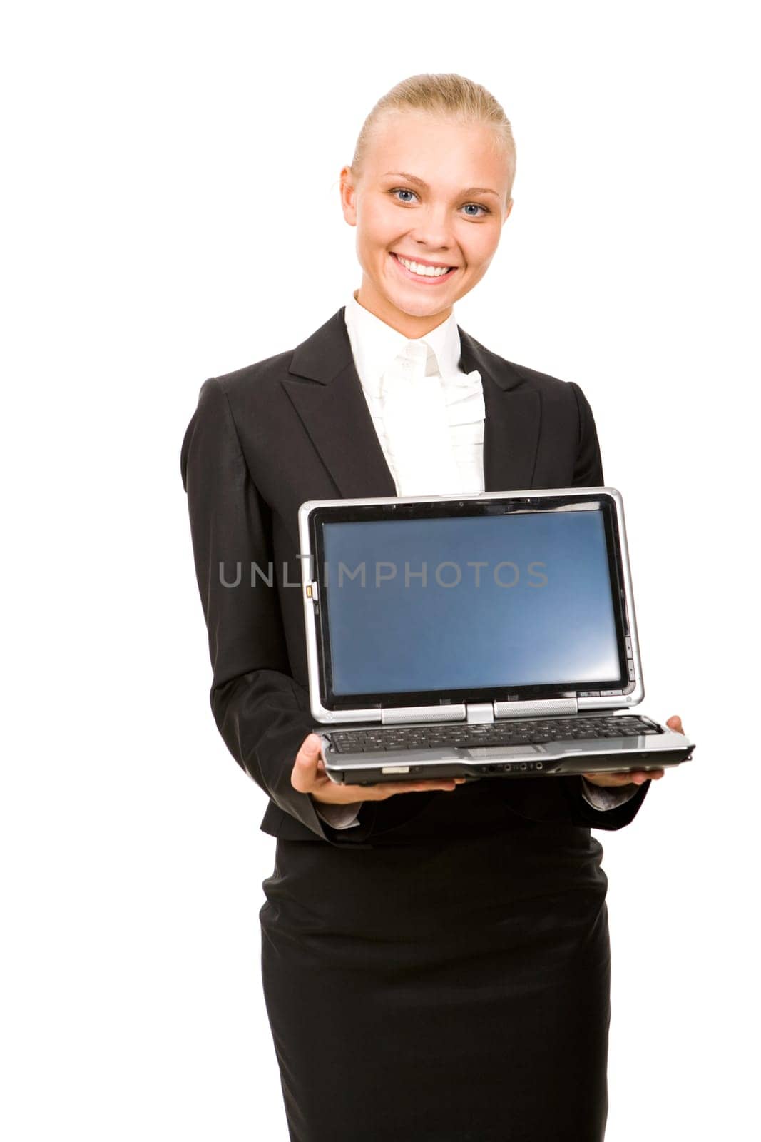 Portrait of successful business lady with open laptop in hands